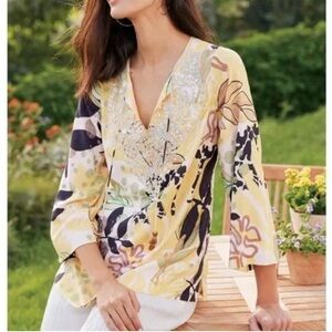 Soft Surroundings Vigne Tunic Top XS Petite Floral Yellow  Embellished Rayon